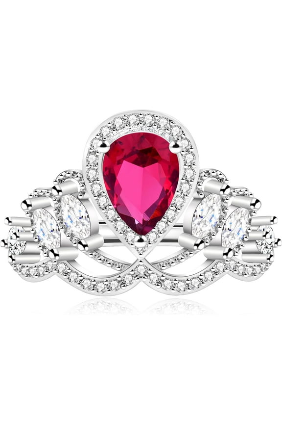 Elegant Pear-Shaped CZ Princess Crown Tiara Rings Engagement for Women, Silver Color Teardrop Cocktail Statement Ring Adjustable