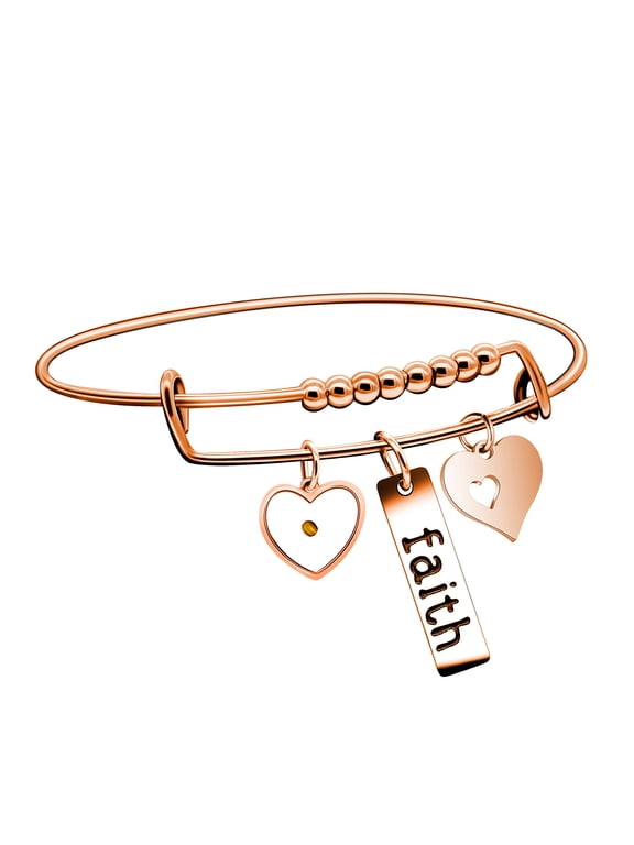 Faith Expandable Bangle, Rose Gold Plated, Mustard Seed Heart Charms Expandable Wire Bangle Bracelet (Heart Seed)
