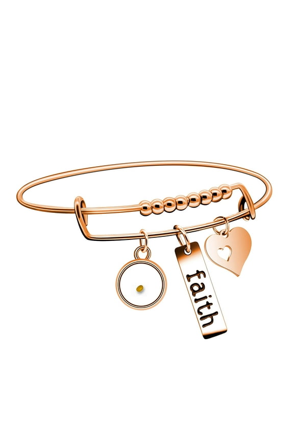 Faith Mustard Seed Bracelet, Rose Gold Plated Stainless Steel Expandable Wire Bangle Bracelet Heart Charms (Round Seed)