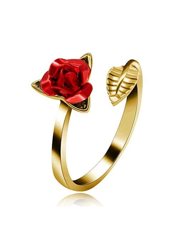 Fashion Charm Free Size Rose Ring for Woman Flower Leaf Ring Adjustable 18K Yellow Gold Plated Wedding Bridal Jewelry Birthday Gifts for Her Y456-Gold