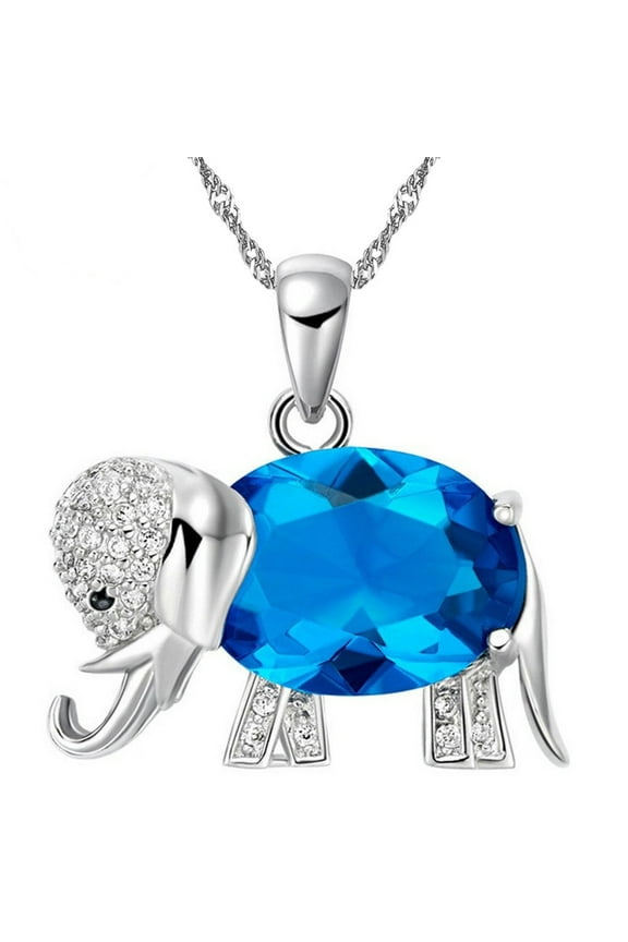 Fashion Oval Cut Big Blue Cubic Zirconia Lucky Elephant Pendant Necklace Animal Jewellery for Women and (Blue) N1154