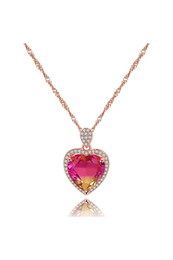 Fashion Pink Yellow Cubic Zirconia Heart Pendant Necklace, Rose Gold Plated, Valentines Birthday Gifts for Mom Girlfriend