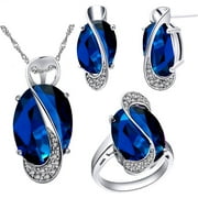 ULOVEIDO Fashion Platinum Plated Large Oval Crystal Birthday Necklace Studs Earrings and Ring Jewelry Set for Women T472