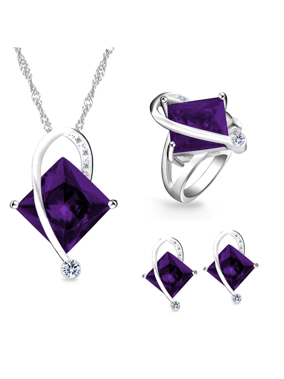 Fashion Platinum Plated Purple CZ Square Crystal Pendant Necklace Stud Earrings and Ring Wedding Anniversary Jewelry Set (Purple, Size 7) T295