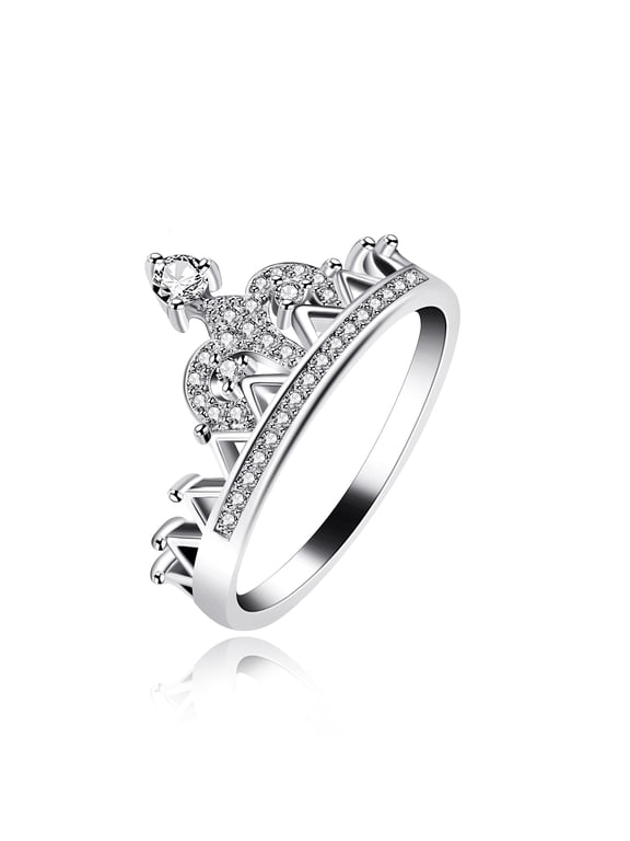 Fashion Platinum Plated Round Cubic Zirconia Princess Crown Tiara Ring Wedding Band Promise Jewelry for Women Girls (size 6)
