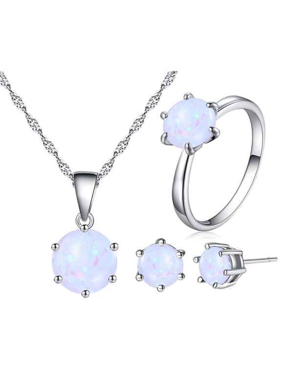 Fashion Platinum Plated Simulated White Opal Round Solitaire Necklace Stud Earrings and Matching Halo October Birth Stone Rings Set (Size 7) Y436
