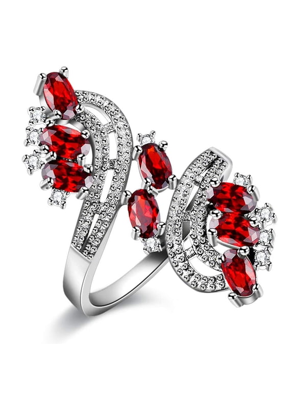 Fashion Platinum Plated Wide Flower Ring with Oval Cut Red Rhinestone Cocktail Wedding Jewelry for Women J656 (Silver, Size 5)