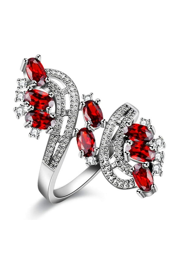 Fashion Platinum Plated Wide Flower Ring with Oval Cut Red Rhinestone Cocktail Wedding Jewelry for Women J656 (Silver, Size 5)