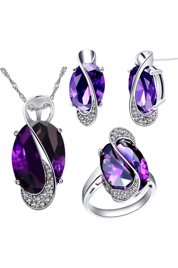 Fashion Silver Color Big Oval Blue Birth-Stone Pendant Necklace Pierce Earrings Dainty Birthstone Ring Party Jewelry Set for Girlfriend (Purple, Size 5) T472