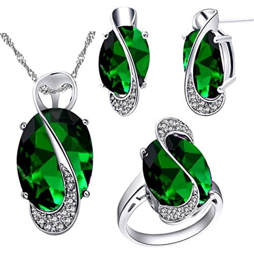 Uloveido Fashion Silver Color Big Oval Green Birthstone Anniversary Pendant Necklace Pierce Earrings Dainty Ring Birthday Party Jewelry Set for Girlfriend (Green, Size 10) T472