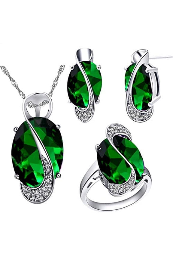 Fashion Silver Color Big Oval Green Birthstone Anniversary Pendant Necklace Pierce Earrings Dainty Ring Birthday Party Jewelry Set for Girlfriend (Green, Size 10) T472