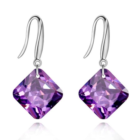 Uloveido Fashion Square CZ Purple Cubic Zirconia Dangle Drop Earrings Platinum Plated Crystal Costume Jewelry for Women (Purple) WE030
