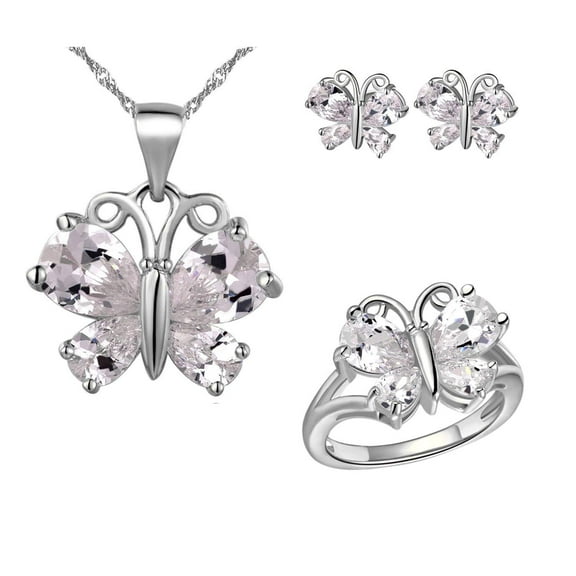 Uloveido Fashion White Gold Plated Charm White Butterfly Earrings Necklace Pendant and Charm Anniversary Rings Jewelry Set for Bridal Women T237