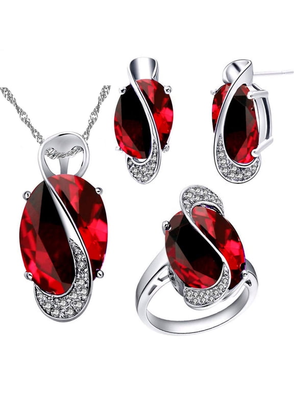 Fashion White Gold Plated Large Oval Red Cubic Zirconia Necklace Post Stud Earrings Solitaire Finger Rings Bridal Jewelry Set (Red, Size 7) T472