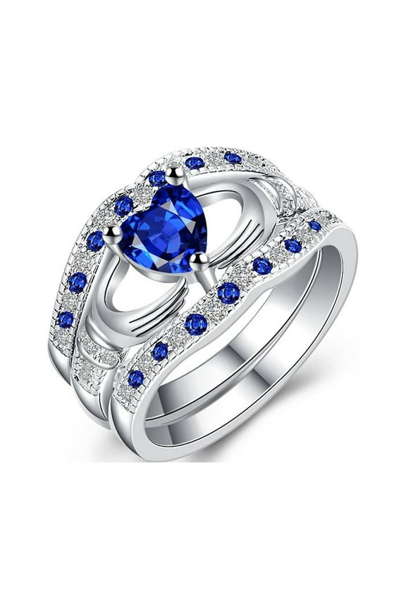 Female Blue Love Heart Friendship Ring - Bridal Silver Color Stacking Wedding Engagement Rings Set - Best Promise Rings for Her HR314-8…