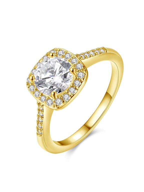 Female Charm Circular Bead Square Ring Diamond Cut Gold Wedding Engagement Bridal Rings for Lady (Gold Color, Size 8) KR002