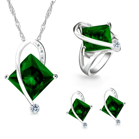 Uloveido Female Large Square Green Crystal Necklace Stud Earrings and Rings Bridesmaid Jewelry Set for Women (Green, Size 9) T295