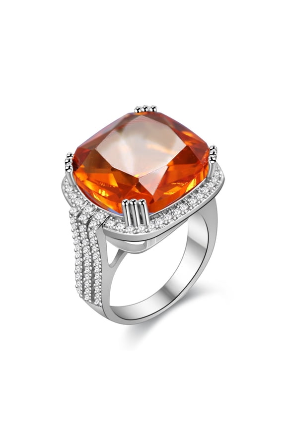 16mm Orange Cubic Zirconia Ring, WOmen Cocktail Ring Large Square Ring for Men Platinum Plated Jewelry for Anniversary Wedding (Size 9) RA219