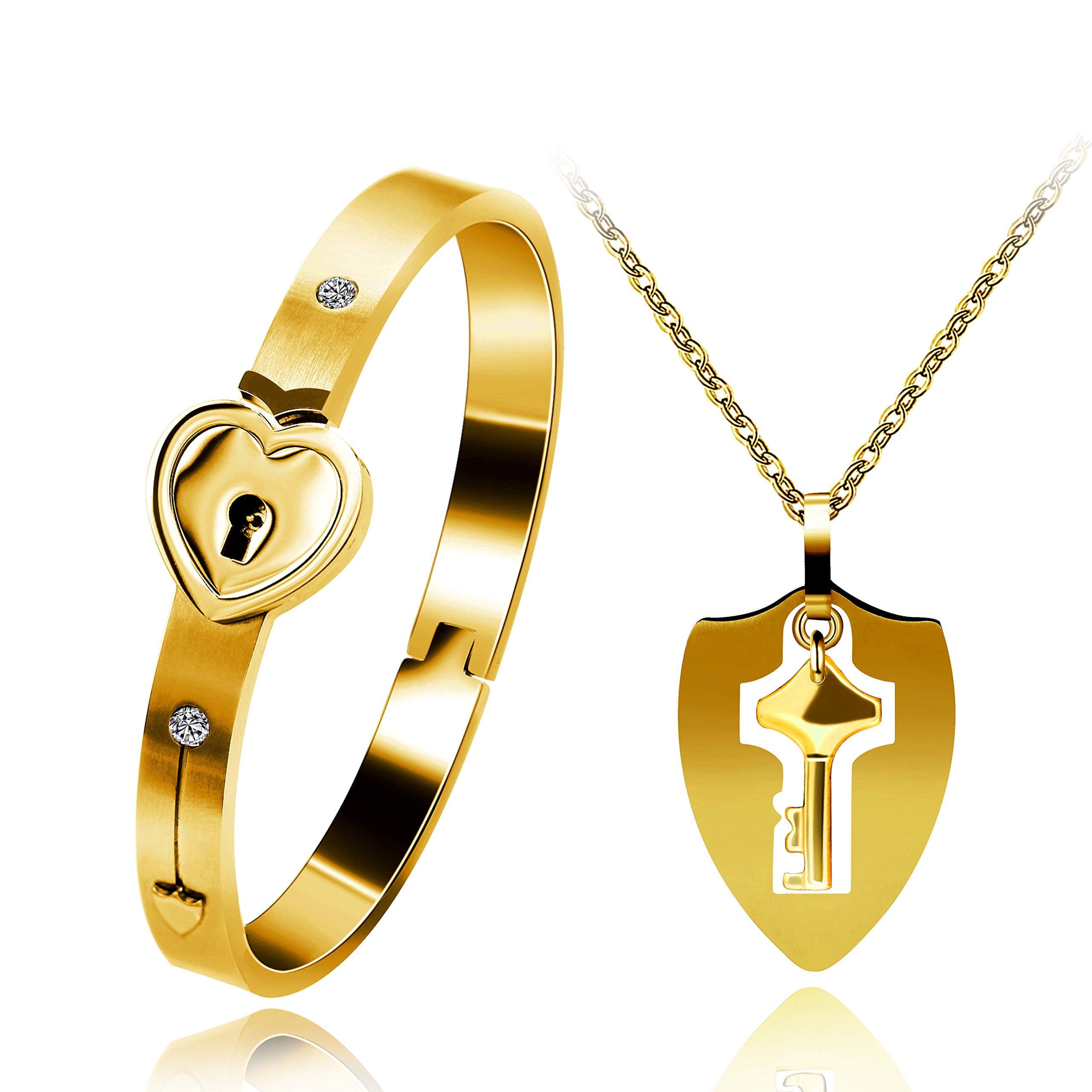 Heart bracelet and shield key best sale necklace