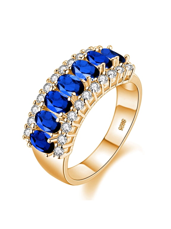Gold Plated 7 Stones Mother Ring, Oval Cut Simulated Sapphire Wedding Band Cubic Zirconia Jewelry J501 (Gold, Dark Blue, Size 8)