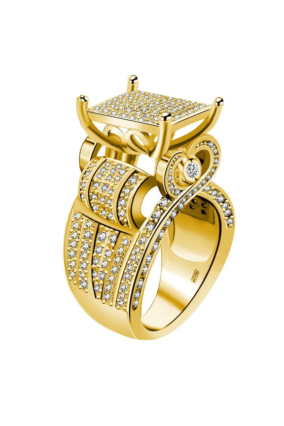 Gold Plated Big Square Cocktail Ring, Heart Side, 0.4" Wide Ring Micro CZ Paved RA0221 (Yellow, Size 6)