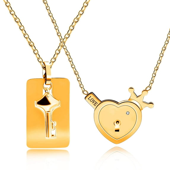 Uloveido Gold Plated Crown Love Heart Lock & Shield Key Pendant Necklace Set Charms His and Hers Couples Jewelry Y844