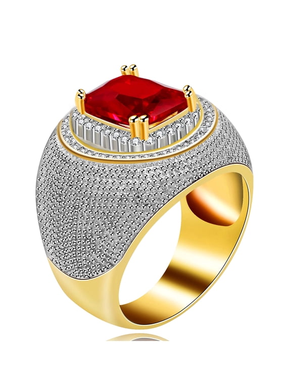 Gold Plated Hip Hop Iced Out Round Bling Ring Rectangle Red Cubic Zirconia Wide Wedding Band Engagement Ring for Men Y587 (Size 7)