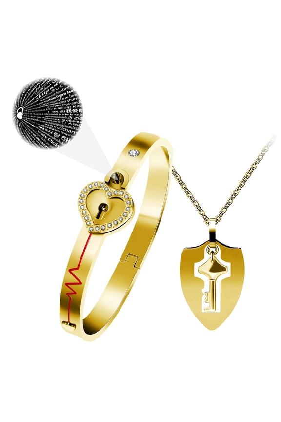 Gold Plated Stainless Steel 100 Languages I Love You Heartbeat Heart Bangle Bracelet and Shield Key Pendant Necklace for Couples Y953 (Gold)