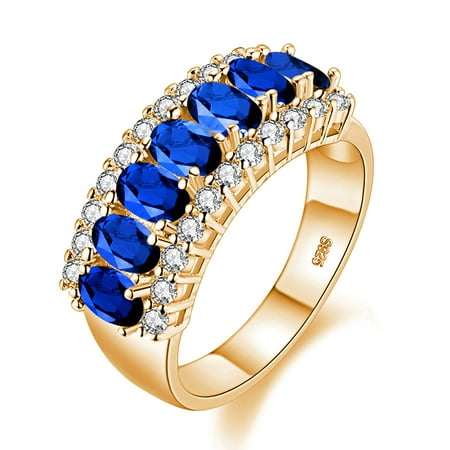 Uloveido Gold Plated Weddding Bands with 7 pcs Oval Cut Dark Blue Cubic Zirconia Stones for Women J501 (Gold, Dark Blue, Size 6)