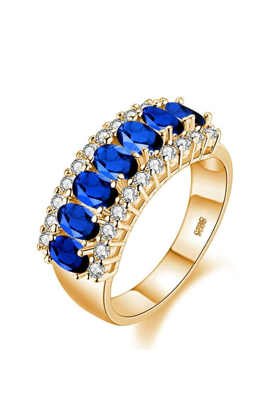 Gold Plated Weddding Bands with 7 pcs Oval Cut Dark Blue Cubic Zirconia Stones for Women J501 (Gold, Dark Blue, Size 6)