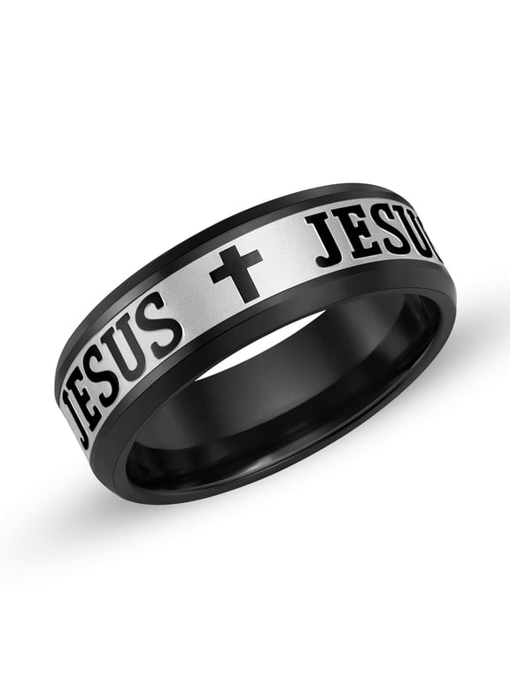 Groom’s 8mm Cross Wedding Band Comfort Fit Stainless Steel Religious Christian Engraved Faith Promise Durable Ring YA6266 (Black, Size 8)