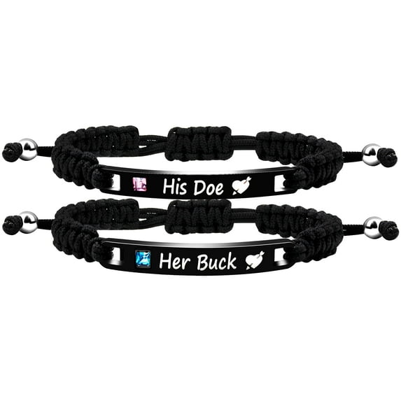 Uloveido Handmade Black Engraved His Doe Her Buck Bracelets for Couples Boyfriend and Girlfriend Birthday Anniversary Bracelet Gift Y781