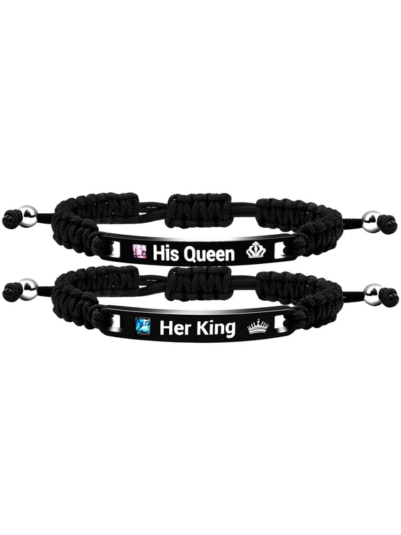 Handmade Black Engraved His Queen Her King Bracelets for Couples Boyfriend and Girlfriend Birthday Anniversary Bracelet Gift Y781