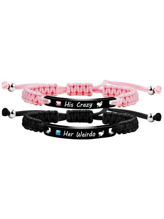 Handmade Briaded Pink Black String His Crazy and Her Weirdo Bracelets for Boyfriend and Girlfriend Y3942