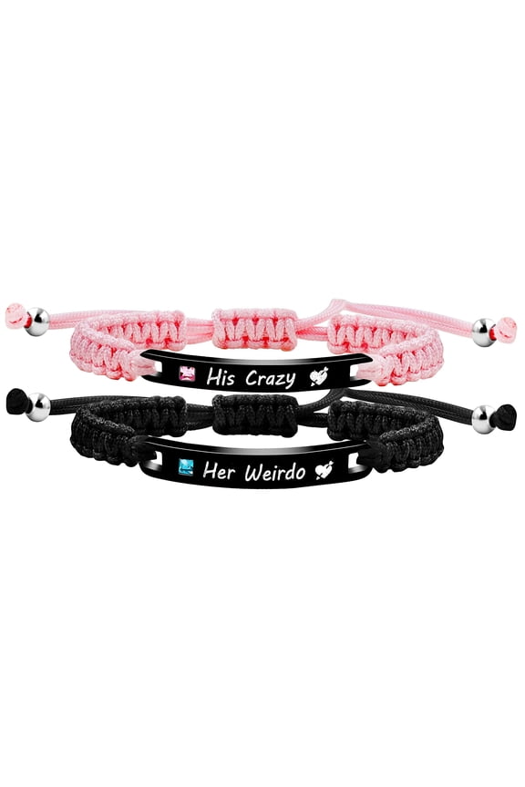 Handmade Briaded Pink Black String His Crazy and Her Weirdo Bracelets for Boyfriend and Girlfriend Y3942