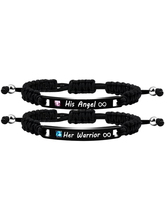 His Angel Her Warrior Handmade Black Engraved Bracelets for Couples Boyfriend and Girlfriend Birthday Anniversary Bracelet Gift Y781