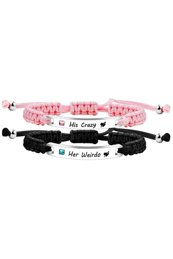 His Crazy and Her Weirdo Relationship Bracelets for Couples - Handmade Briaded Pink Black String Stainless Steel ID Plate Bracelets for Boyfriend and Girlfriend Y3941