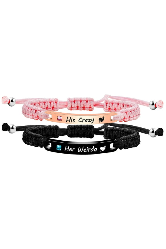 His Crazy and Her Weirdo Bracelets for Couples - Handmade Briaded Pink Black String Stainless Steel ID Plate Bracelets for BF and GF Y3943