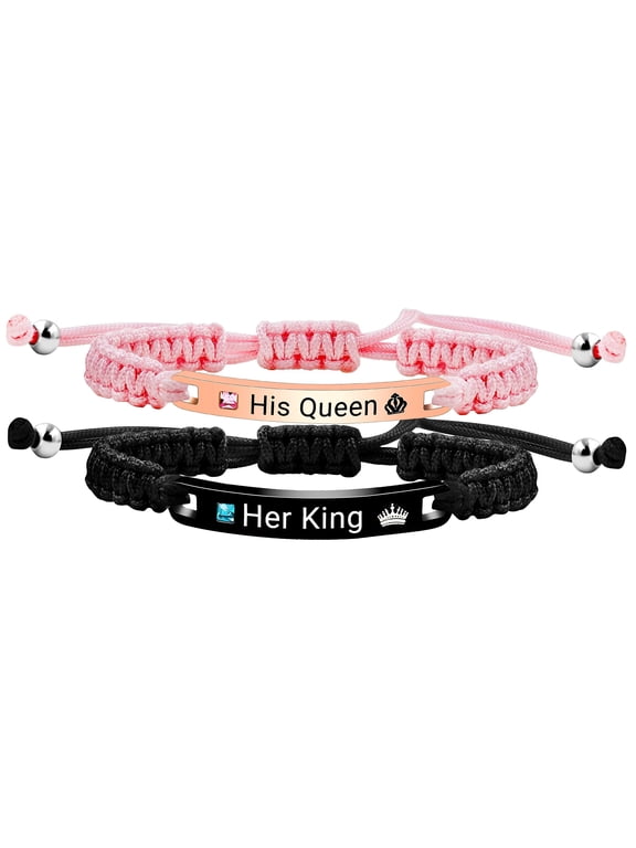 His Queen Her King Bracelets Couples Bracelets Set - Handmade Briaded Pink Black String Stainless Steel ID Plate Bracelets for Men and Women Y3943