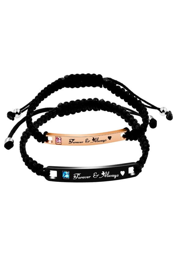 His and Hers Matching Set Titanium Stainless Steel ID Plate Handmade Braided Rope Bracelets for Couples (Forever & Always)