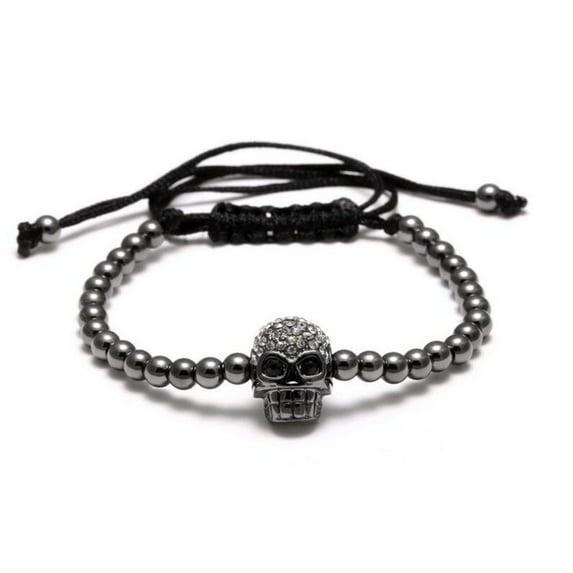 Uloveido Jet Black Plated Brass Cubic Zirconia Pave Skull Ball Bracelets Braided Rope Adjustable Bracelet (Black)