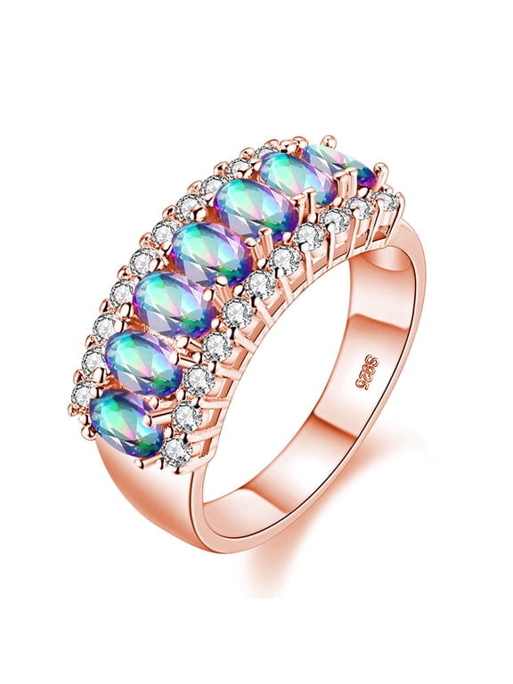 Ladies Rose Gold Plated Oval Cut Cubic Zirconia CZ Birthstone Ring 7 Stone Mother Ring for Mom Grandma J501 (Multi, Size 7)