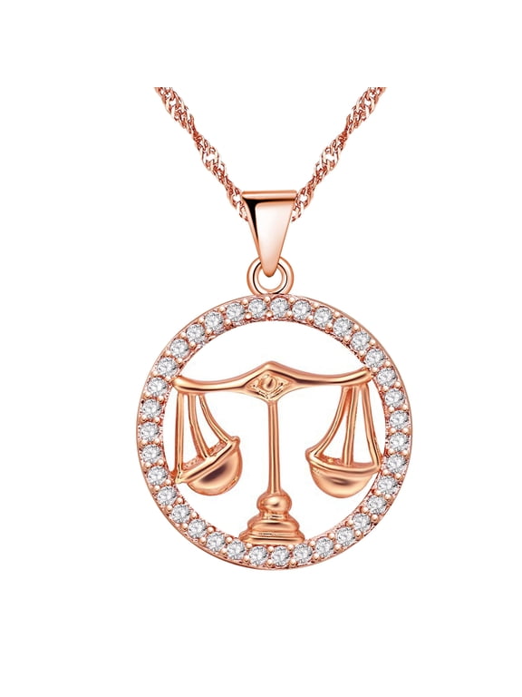 Libra Constellation Necklace Rose Gold Balance Shape Cubic Zirconia 12 Zodiac Constellation Pendant Jewelry Necklace Birthday September 23rd to October 23rd Gift N1047-Libra