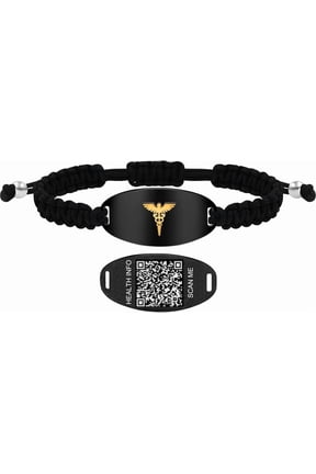 Medical Alert Bracelet with Dynamic QR Code or Laser Engraving Stainless Steel ID Plate Floating Golden Caduceus Adjustable Black Braided Rope Emergency ID for Men Women