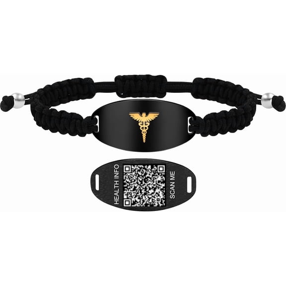 Uloveido Medical Alert Bracelet with Dynamic QR Code or Laser Engraving Stainless Steel ID Plate Floating Golden Caduceus Adjustable Black Braided Rope Emergency ID for Men Women