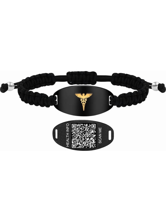 Medical Alert Bracelet with Dynamic QR Code or Laser Engraving Stainless Steel ID Plate Floating Golden Caduceus Adjustable Black Braided Rope Emergency ID for Men Women