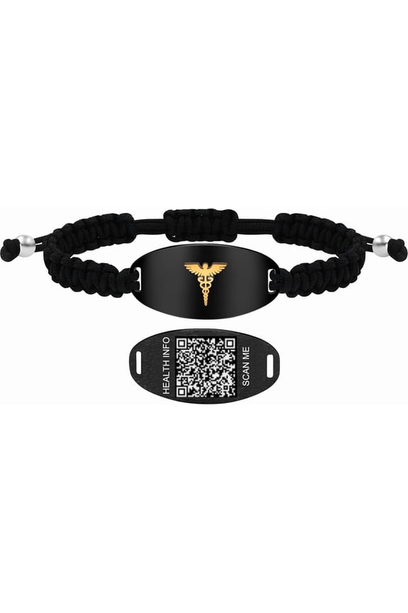 Medical Alert Bracelet with Dynamic QR Code or Laser Engraving Stainless Steel ID Plate Floating Golden Caduceus Adjustable Black Braided Rope Emergency ID for Men Women