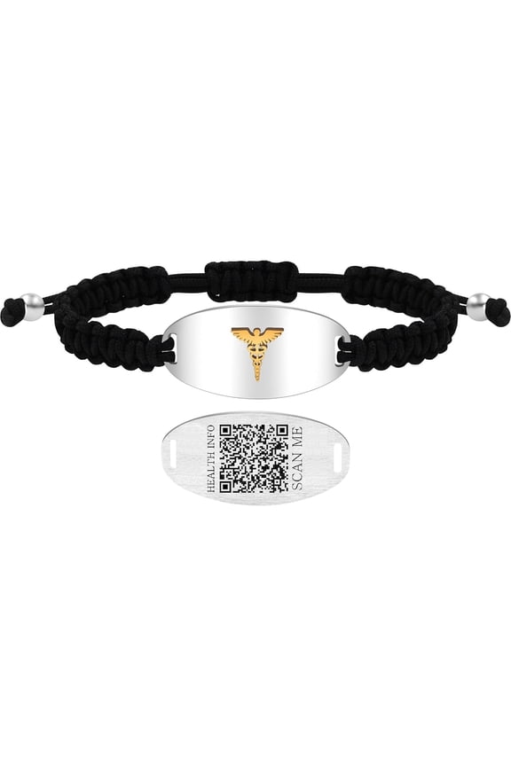 Medical Alert Bracelet with Dynamic QR Code and Text Engraving Stainless Steel ID Plate with Floating Golden Caduceus Adjustable Black Braided Rope Emergency Medical ID for Men Women