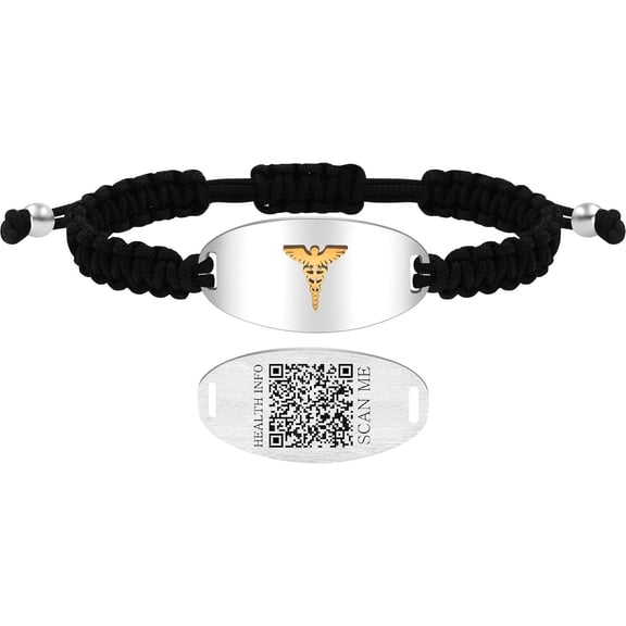 Uloveido Medical Alert Bracelet with Dynamic QR Code and Text Engraving Stainless Steel ID Plate with Floating Golden Caduceus Adjustable Black Braided Rope Emergency Medical ID for Men Women