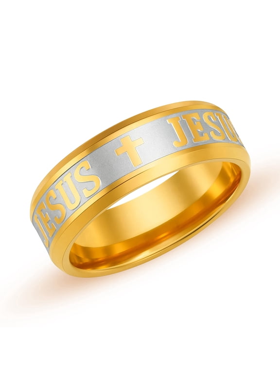 Men’s 8mm Religious Cross Wedding Band Catholic Christian Comfort Fit Stainless Steel Engraved Symbolic Faith Ring YA6266 (Gold, Size 7)